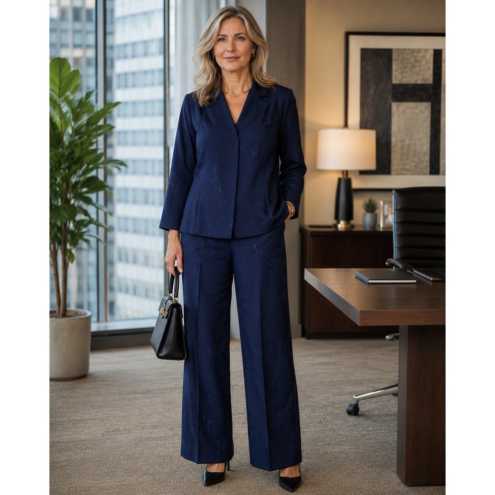 Ann Taylor Vintage Floral Embroidered Silk Suit Set Blazer Trouser Blue 4/6